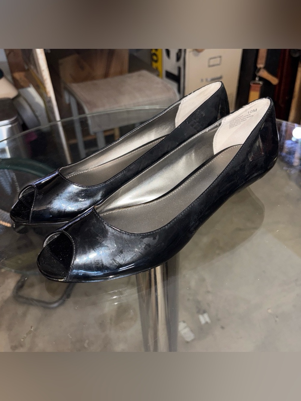 Bandolino Black Patent Peep-Toe Wedge Flats